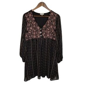 Jodifl Womens Floral Embroidered Babydoll Dress Size S Black Pink Boho Romantic